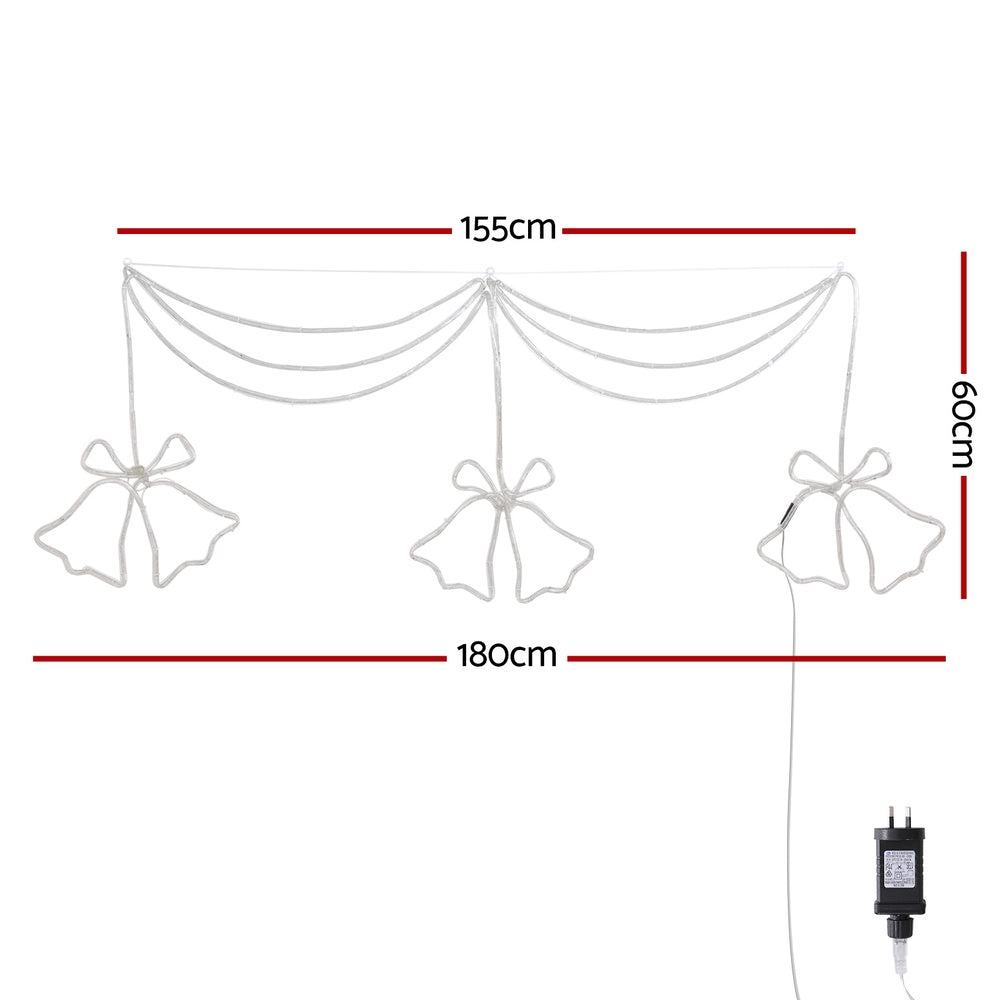 Christmas light curtain outline with three bell bow motifs, white cord and plug controller