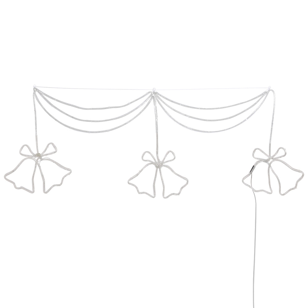 Christmas light curtain with three unlit bell bow motifs, white LED rope frame