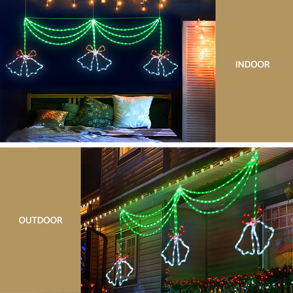Christmas light curtain with green LED bell bow motifs and hanging garland lights