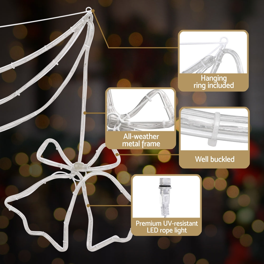 All-weather metal frame Christmas light rope with hanging ring and bell bow motifs