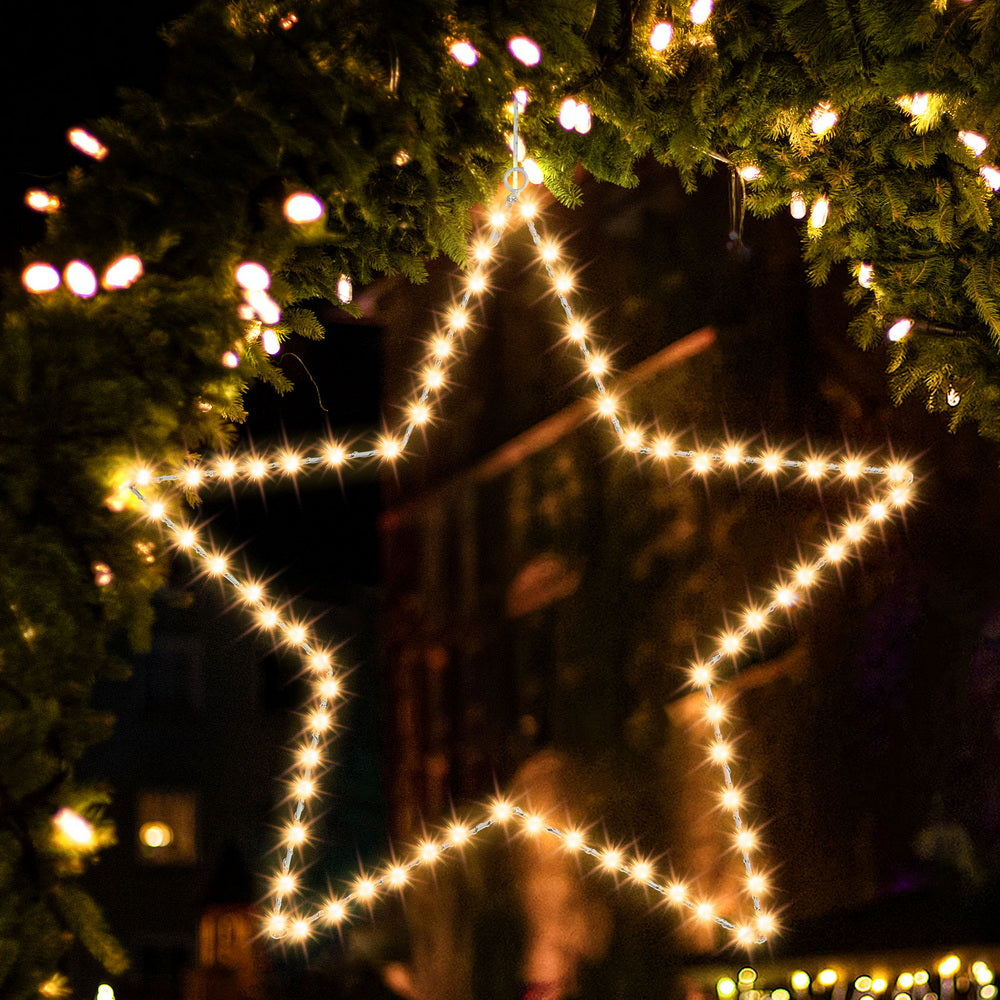 Warm white LED star string lights on evergreen branches
