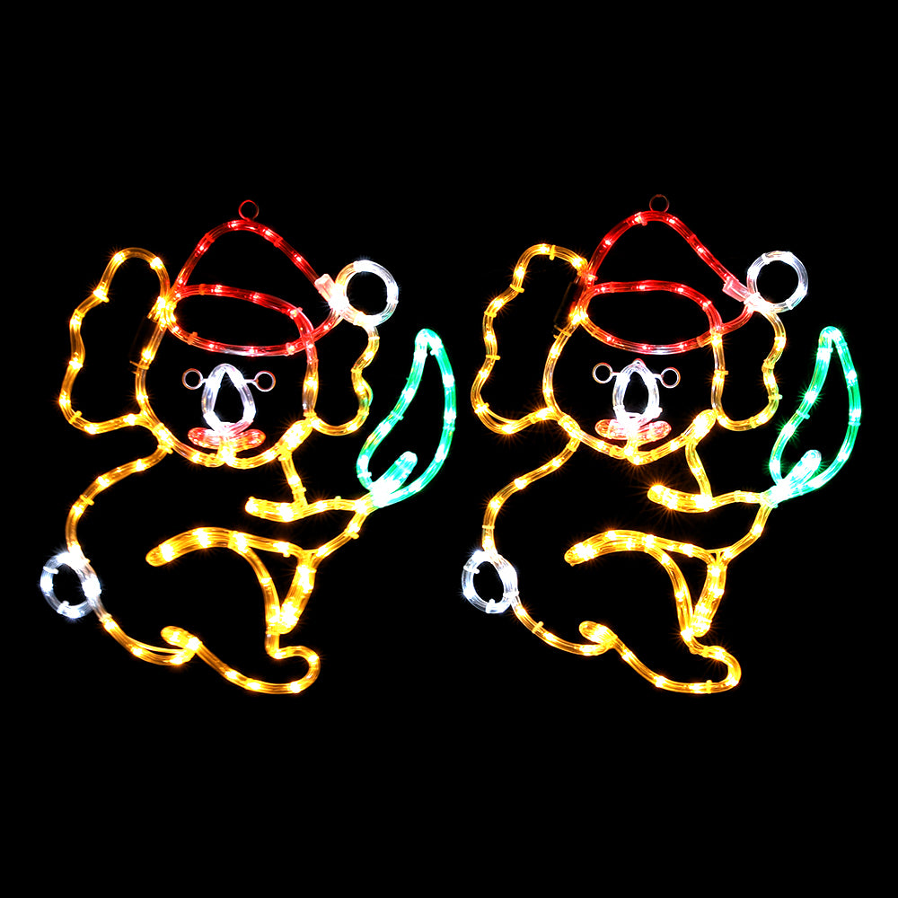 Multicolor LED rope light angel motifs with red, gold, green, and white light outlines