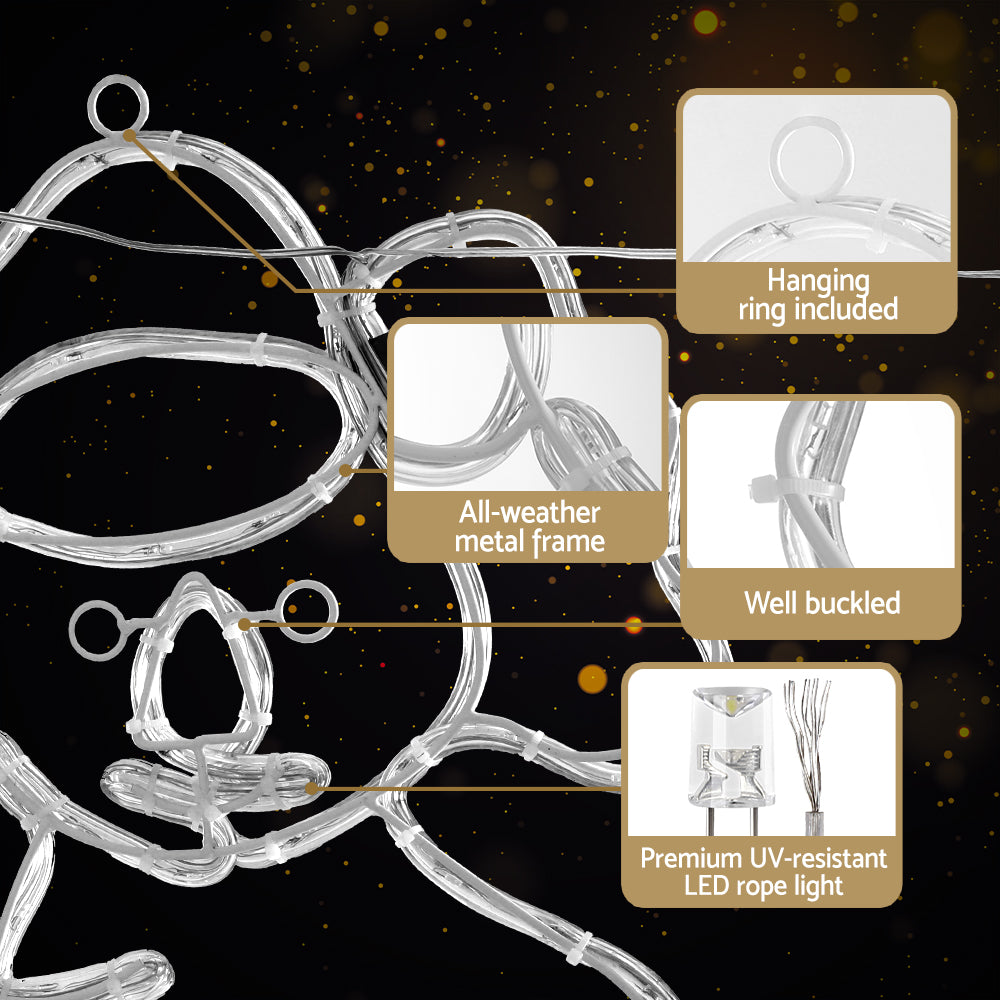 White LED rope light set with coiled loops and hanging ring for door or window