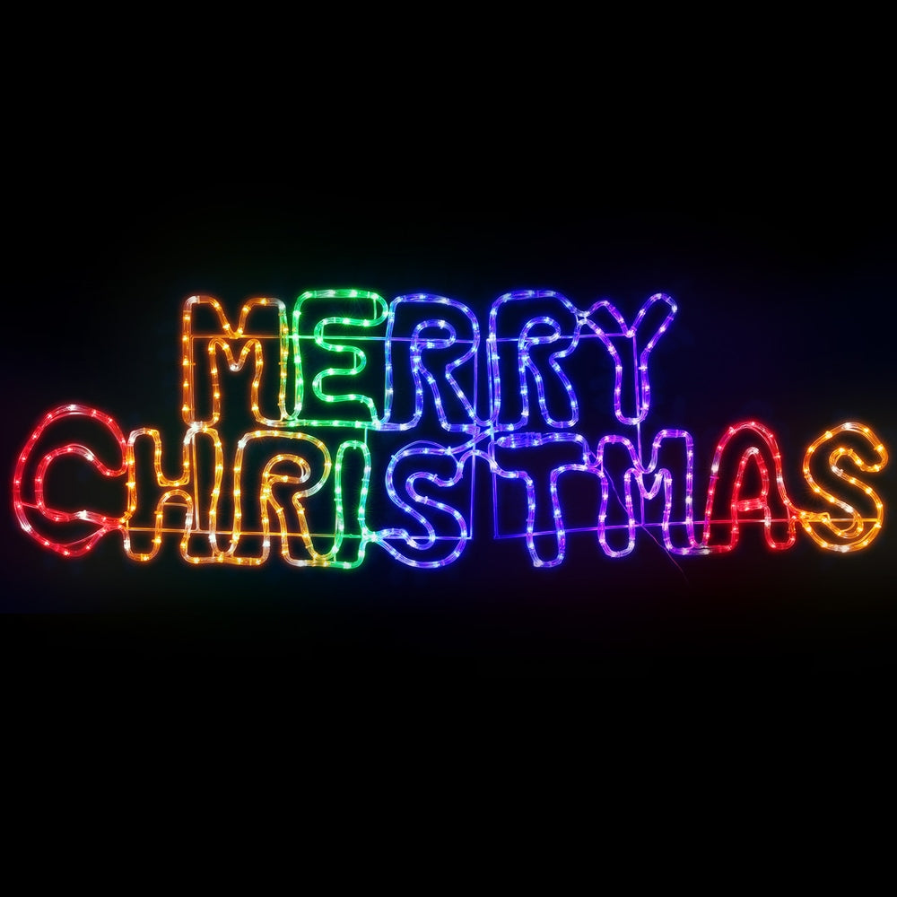 Multicolor LED Christmas light motif spelling MERRY CHRISTMAS with glowing rope outline