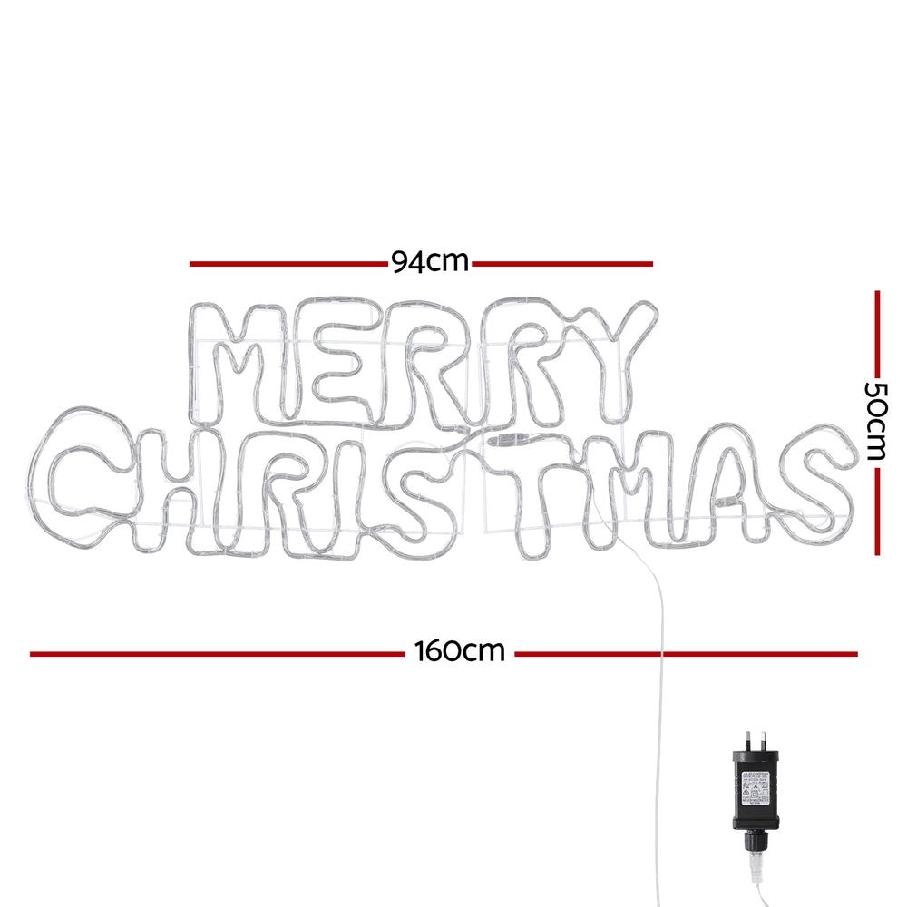Unlit wireframe LED Christmas light motif spelling MERRY CHRISTMAS with power adapter