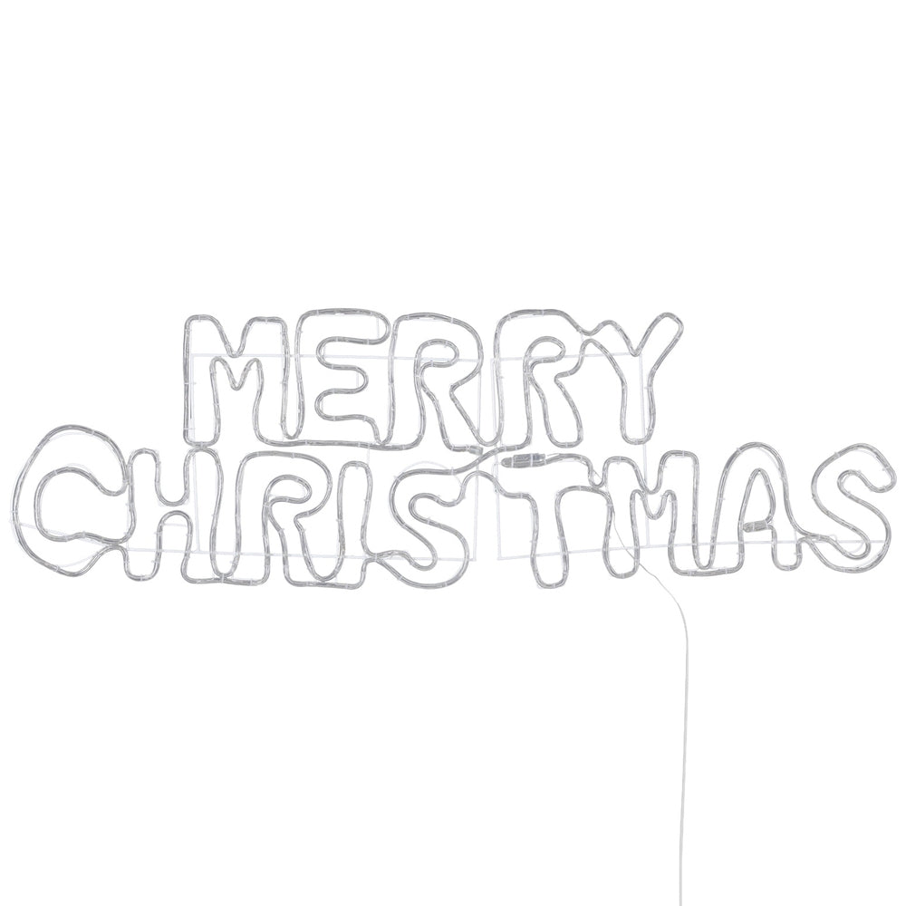 Unlit metal wireframe Christmas light motif spelling MERRY CHRISTMAS with hanging cord