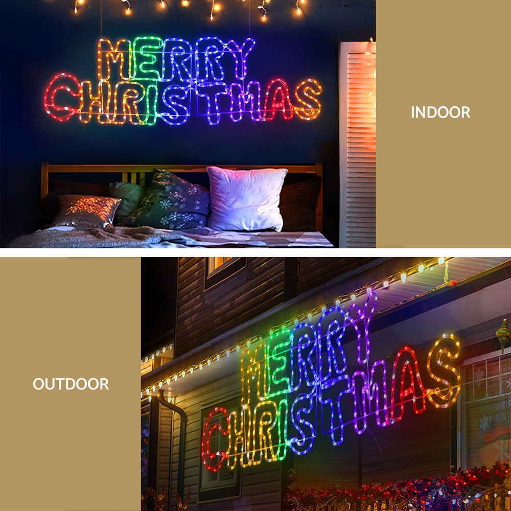 Lit LED Christmas light motif spelling MERRY CHRISTMAS, multicolor rope lights