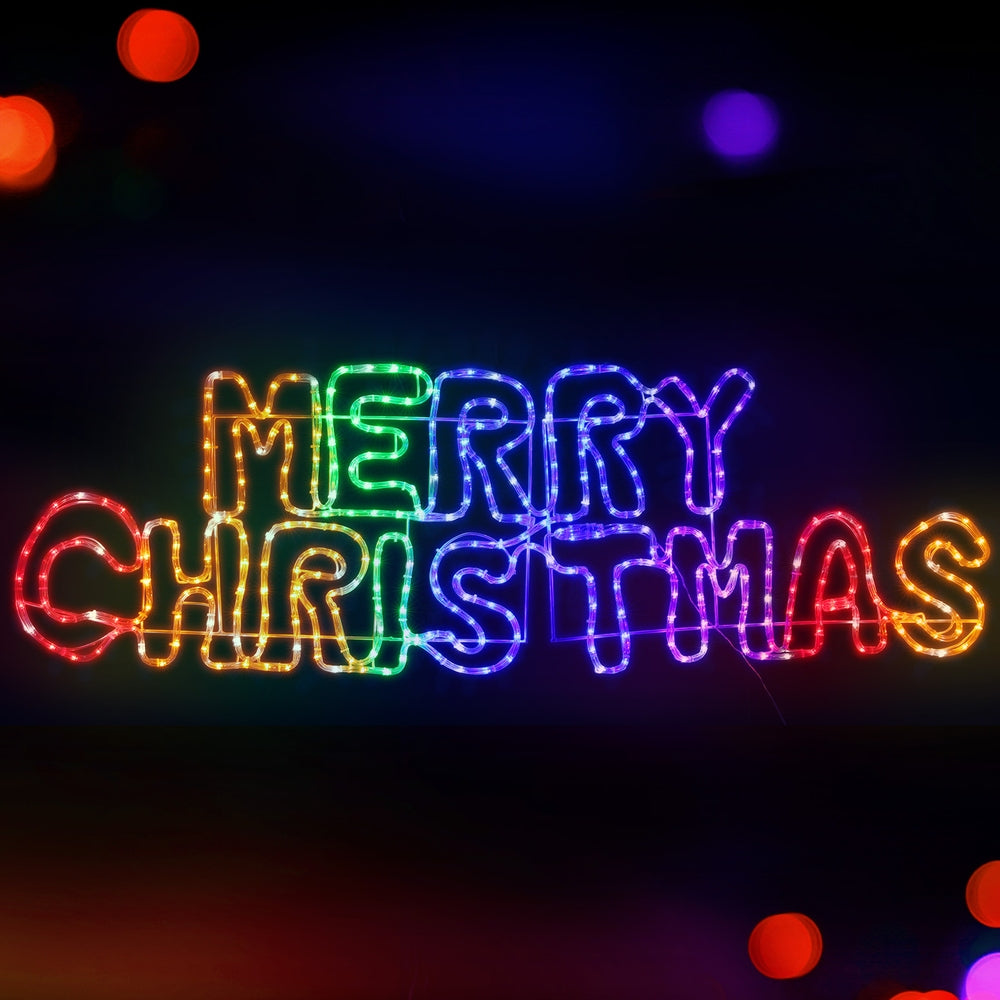 Multicolor LED rope light Christmas motif spelling MERRY CHRISTMAS with glowing tubing