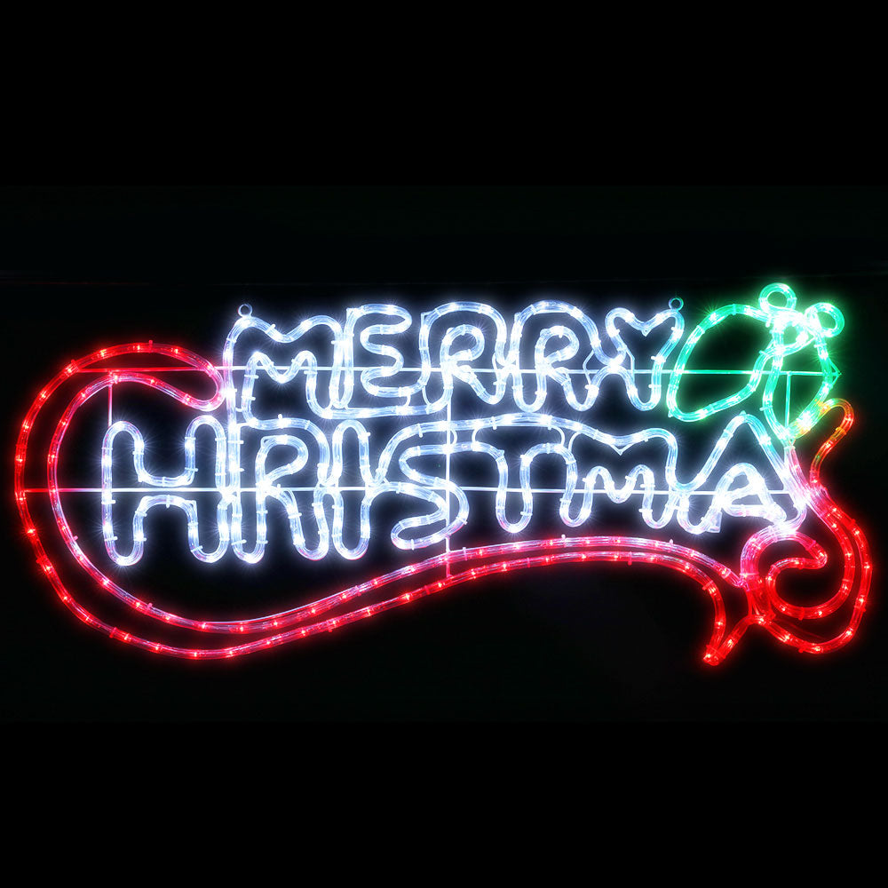 Merry Christmas LED rope light decoration with outlined letters in red, green, blue, white
