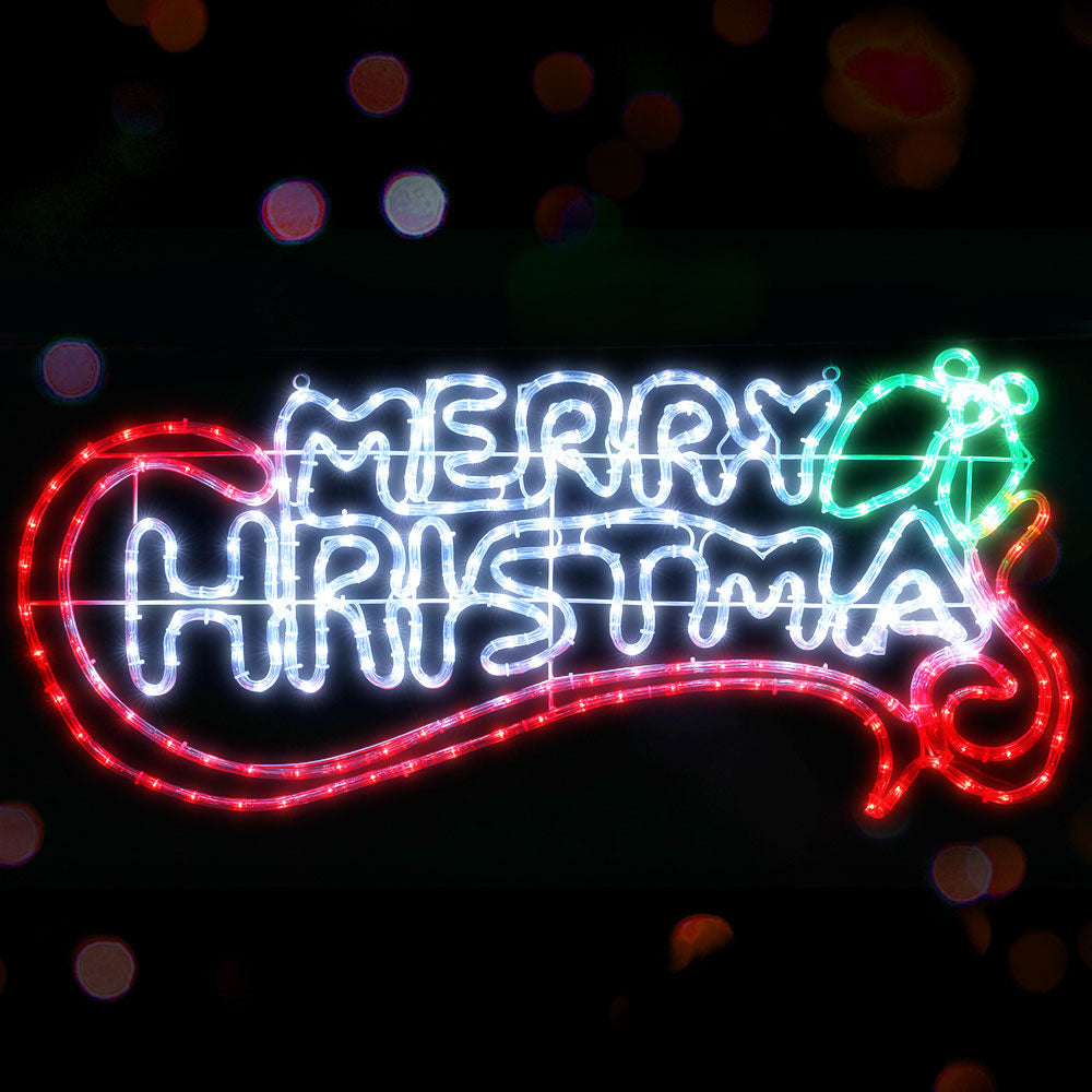 Merry Christmas LED rope light decoration with red, green, and white glowing neon letters