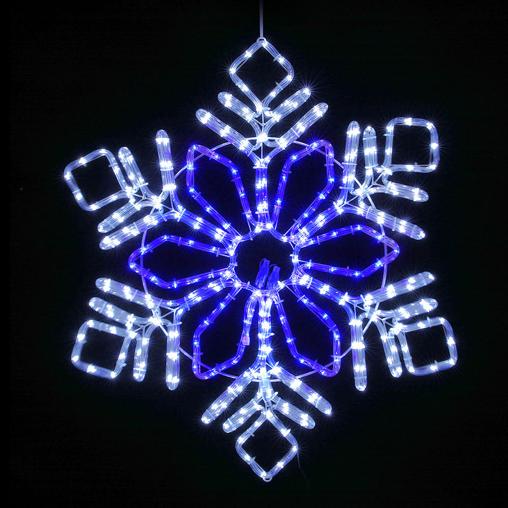Hanging LED snowflake motif light decoration with blue and white bulbs