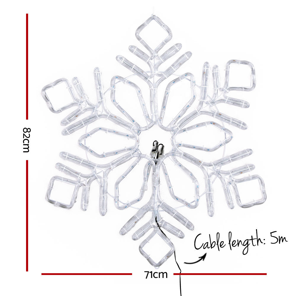 LED snowflake light decoration with clear white frame, size shown