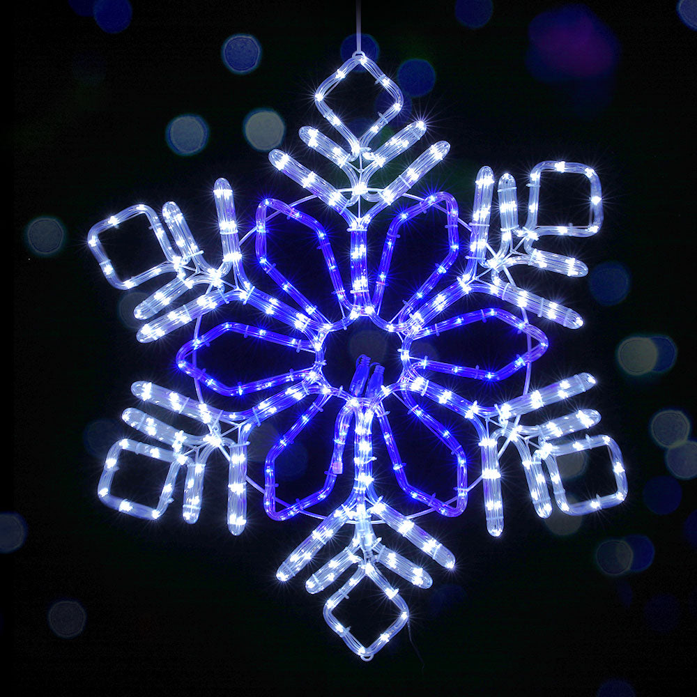 Hanging LED snowflake motif lights with blue accents and bright white glow