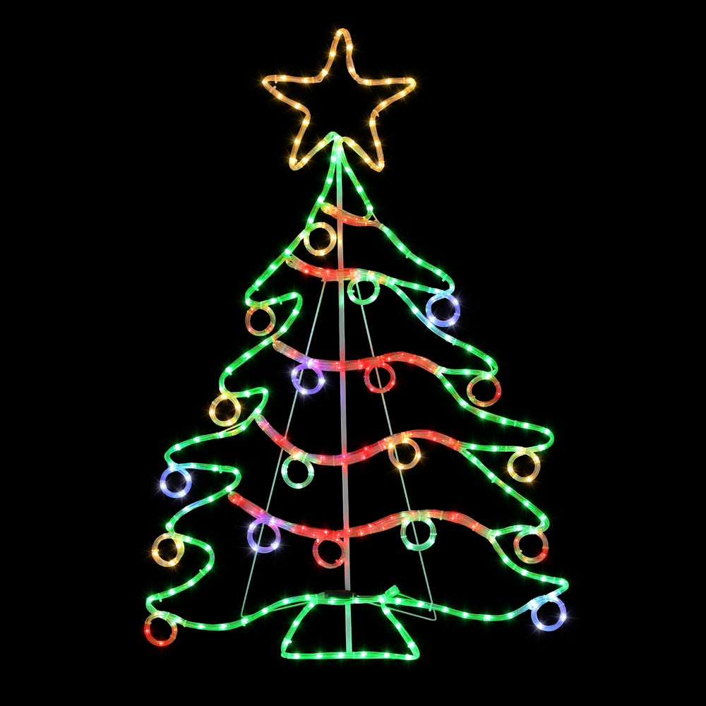 Neon-style Christmas tree rope light motif with multicolor LEDs, star topper and loops