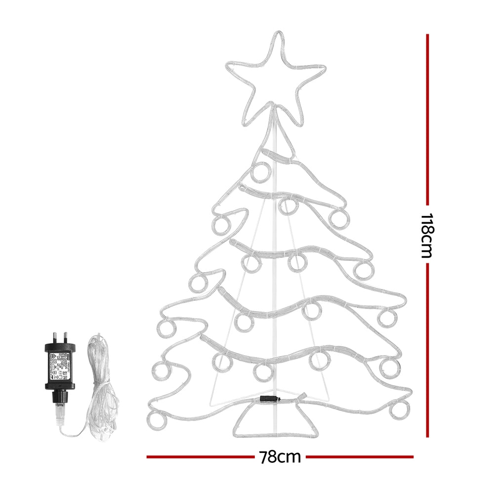 White outline Christmas tree LED rope light motif, 78cm height, star topper