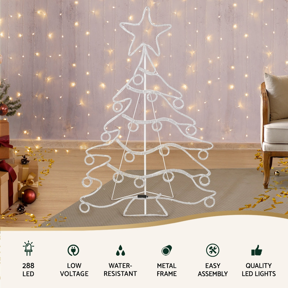 Warm white Christmas tree LED rope light motif with star topper and glowing loop bulbs