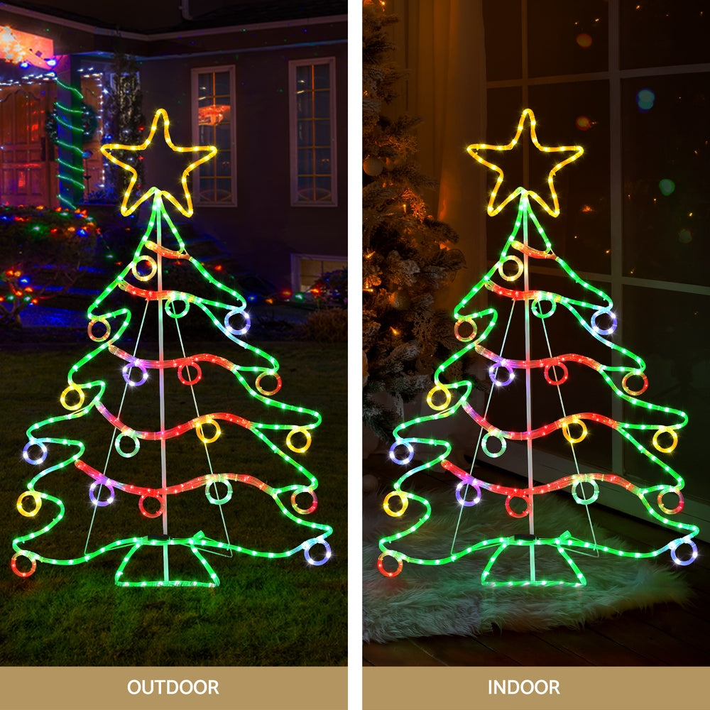Multicolor Christmas tree LED rope light motif with star topper and glowing swirl bulbs
