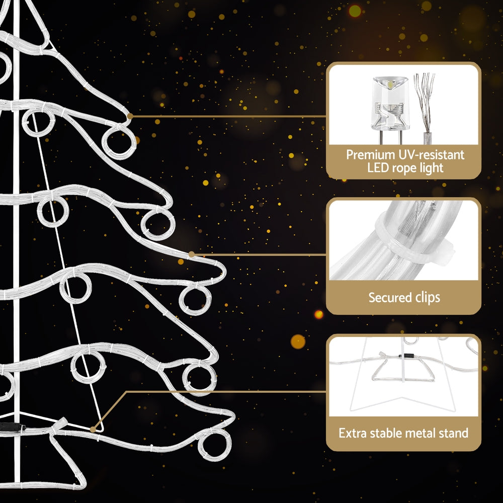 LED rope light Christmas tree motif with UV-resistant design, clips, and metal stand