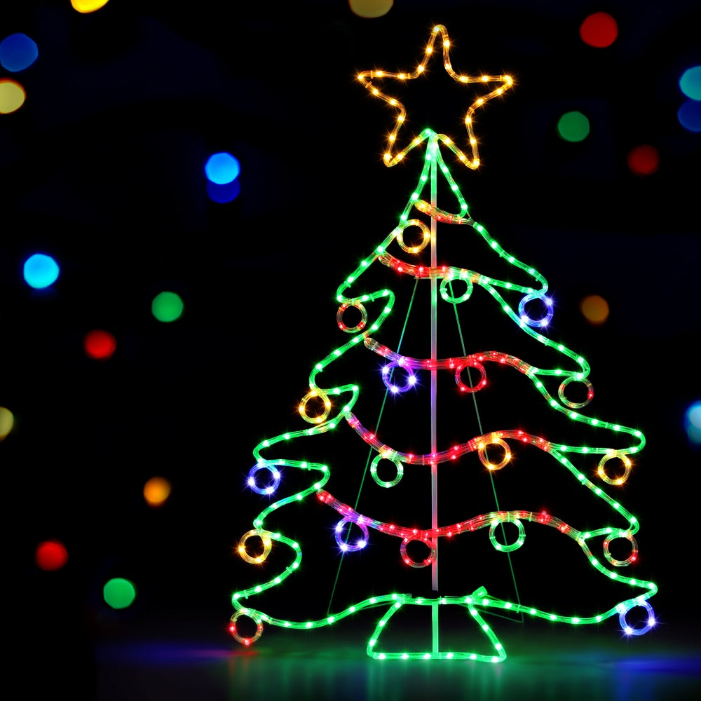 Multicolor Christmas tree LED rope light motif with star topper and glowing swirl bulbs