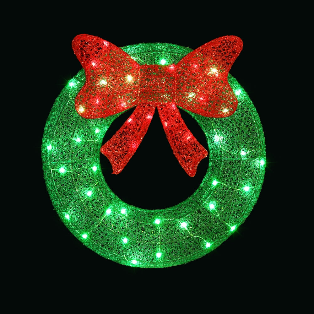 Solar wreath light decoration with red bow and green LEDs on green circular frame