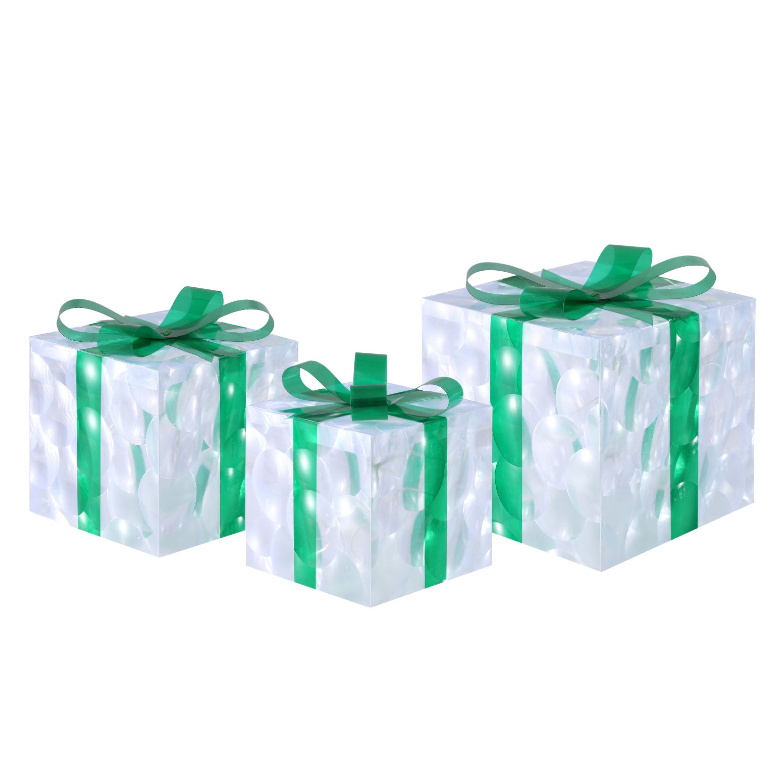 Three clear gift-box LED fairy lights with green ribbons and soft warm lights.