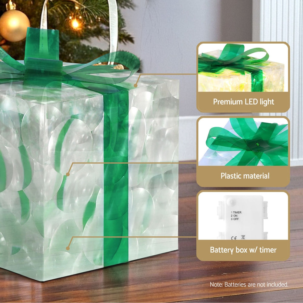 Translucent gift-box LED fairy light with green ribbon and battery box/timer.