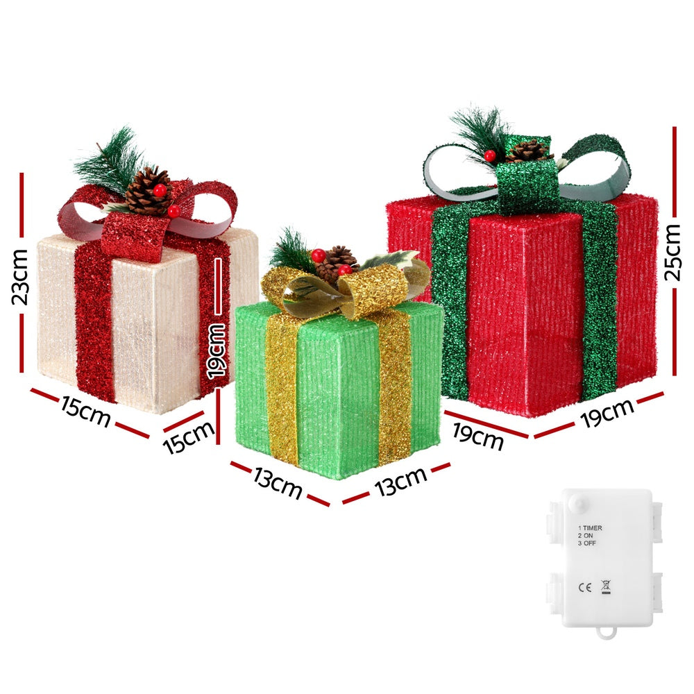 Three fabric gift box light covers with ribbon bows, plus small battery timer control box.