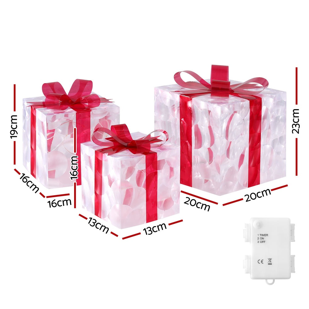 Three LED light gift boxes with red bows; includes battery box with timer.
