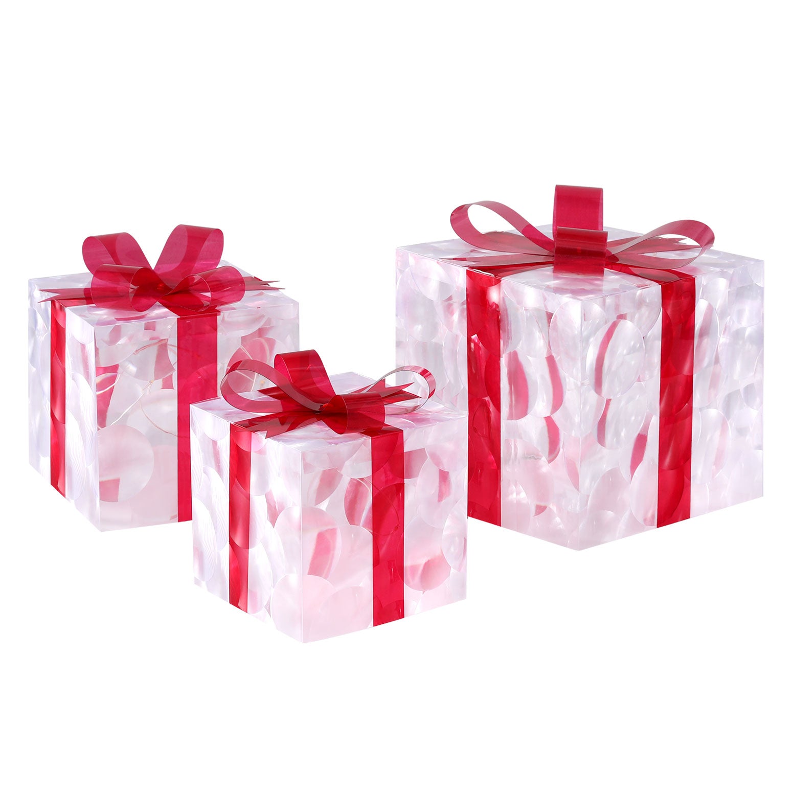 Three clear gift boxes with red ribbon bows and warm LED light strings.