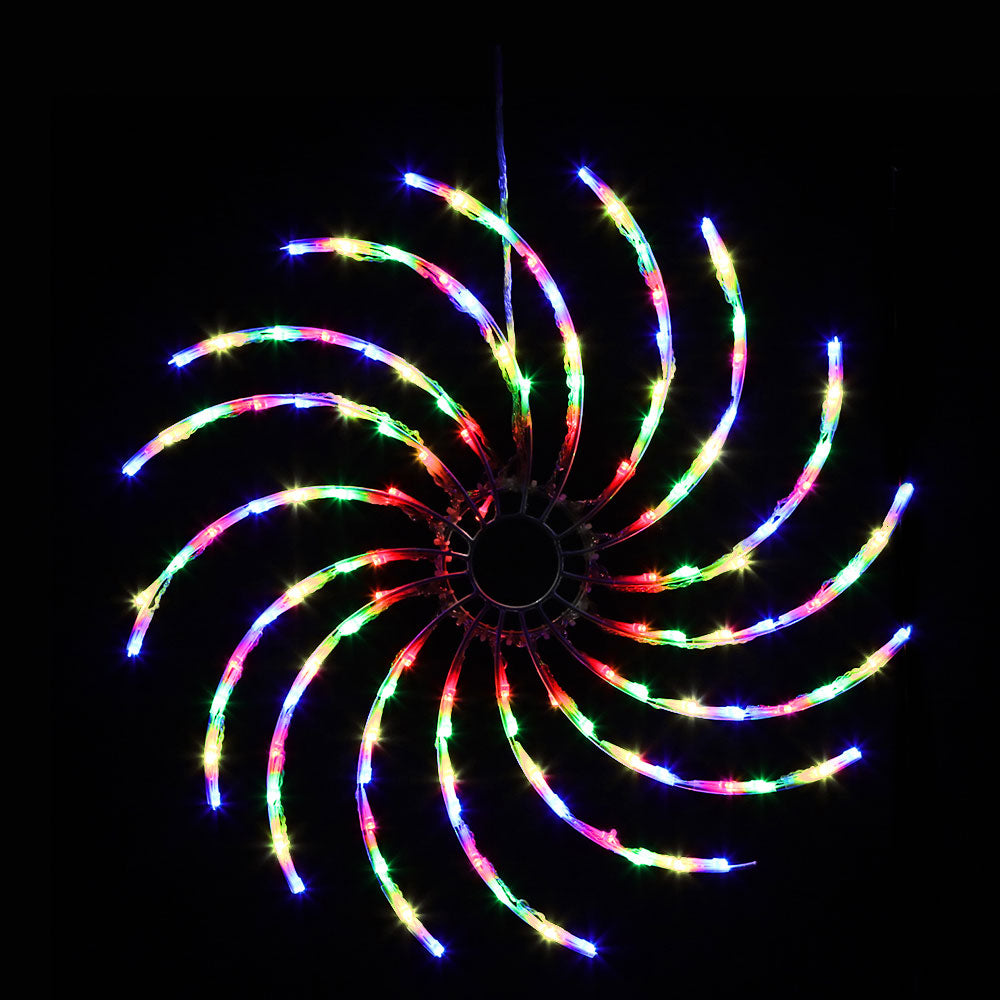 Multicolor LED spiral spin light decoration with radial arcs and central hub