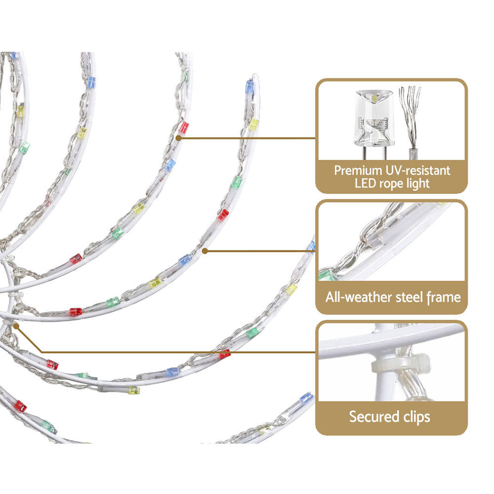 Multicolor LED rope light with clear tubing and secured clips along the strands