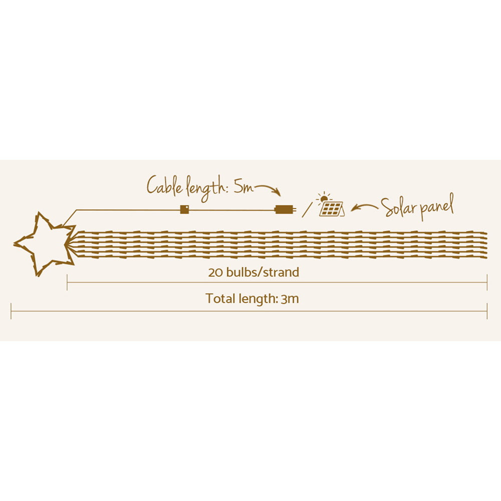 Solar Christmas light strand layout with star-shaped connector and bulb spacing