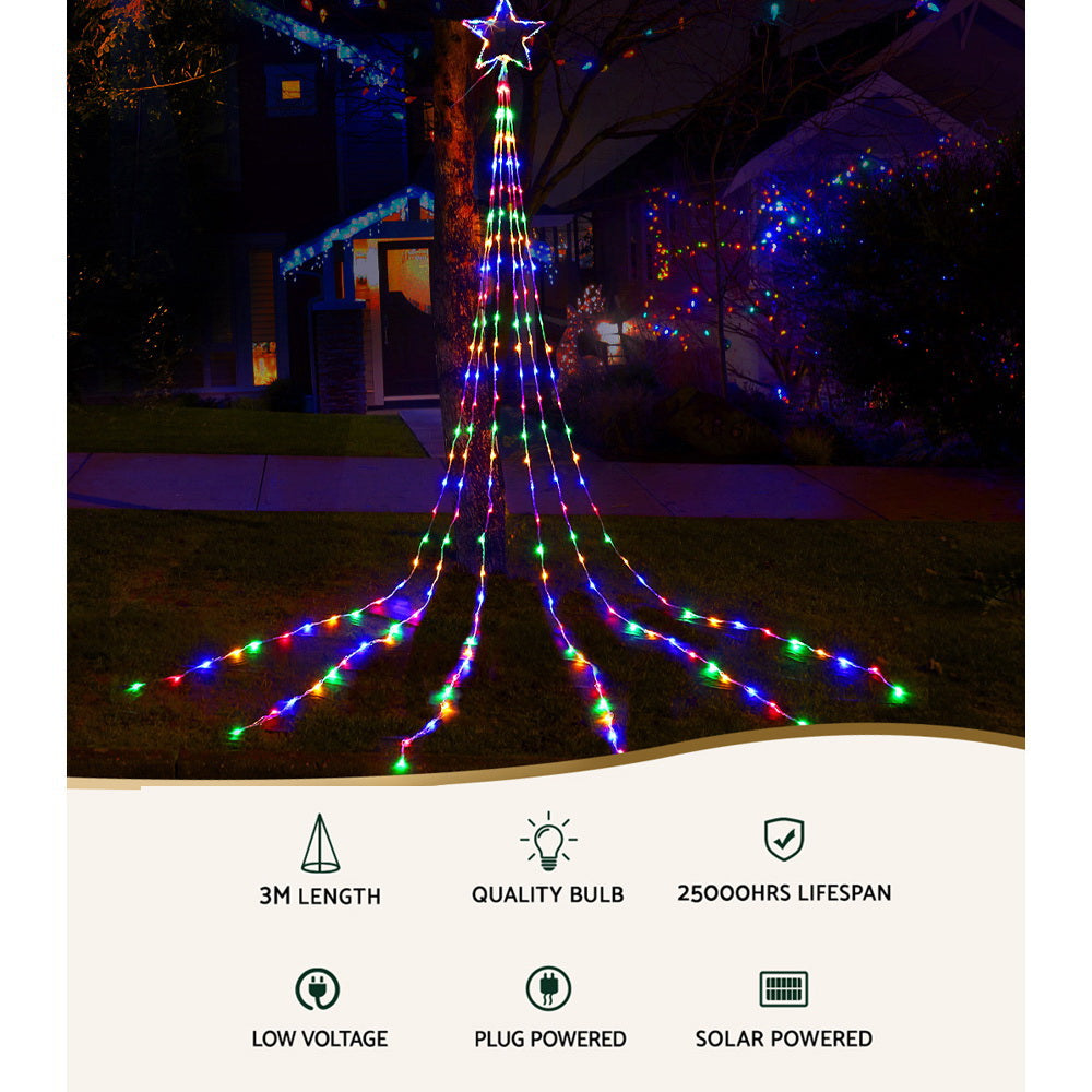 Multi-color LED Christmas light tree with star topper and radiating strands