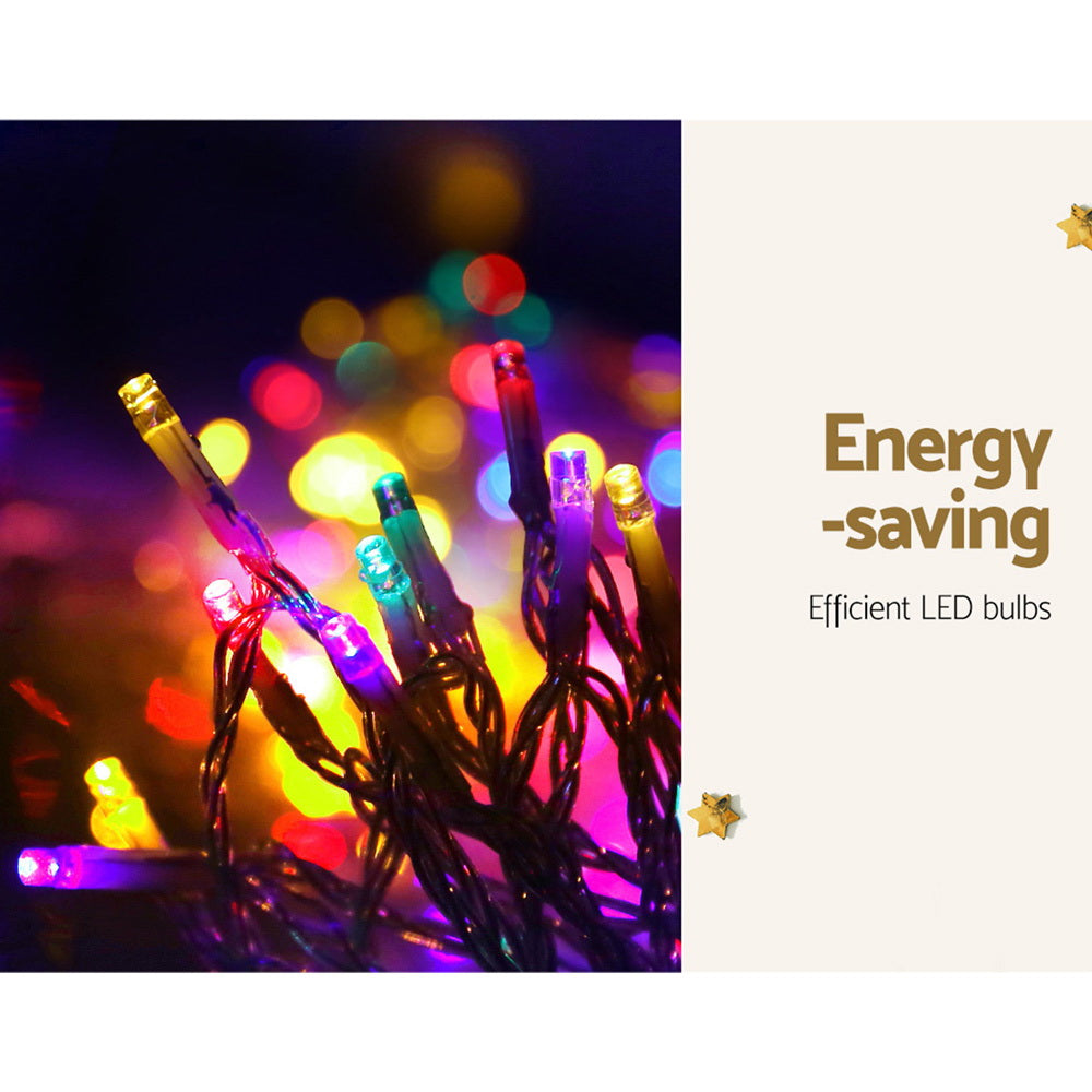 Colorful LED bulbs on a solar light string with glowing multi-color bulbs