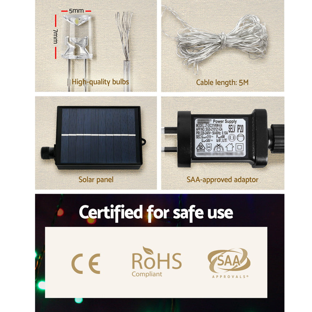 Solar light kit components: solar panel, adaptor, and clear bulb string