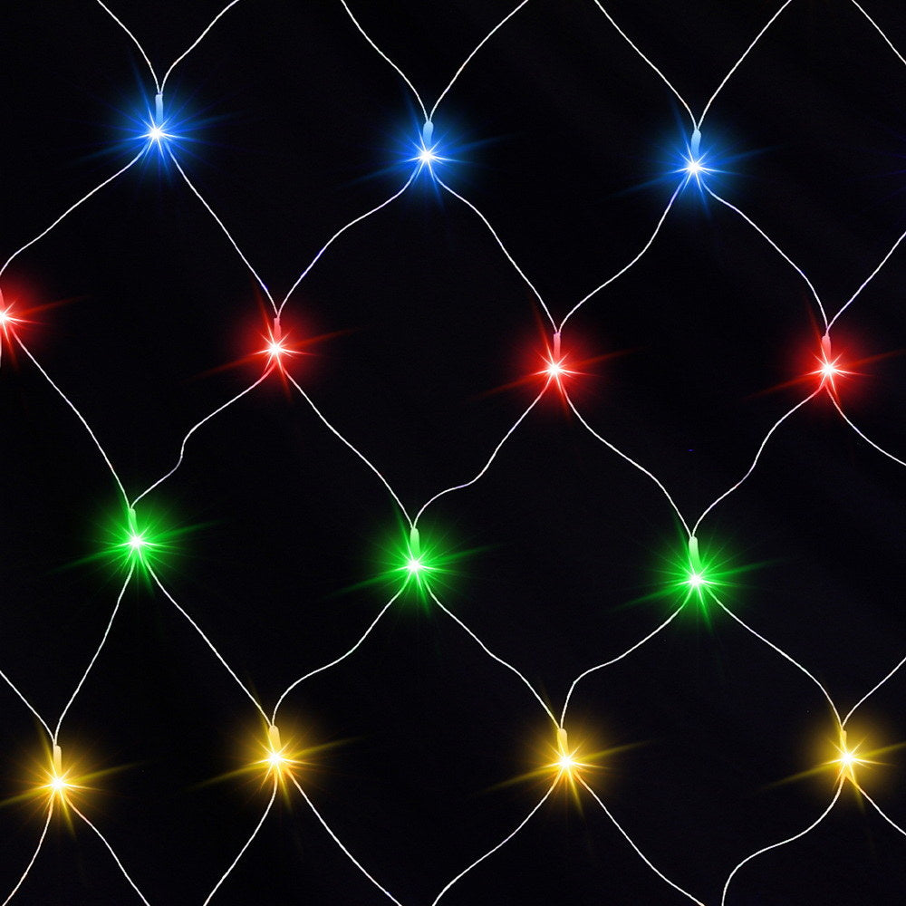 Multicolor LED net string lights with glowing bulbs on dark mesh
