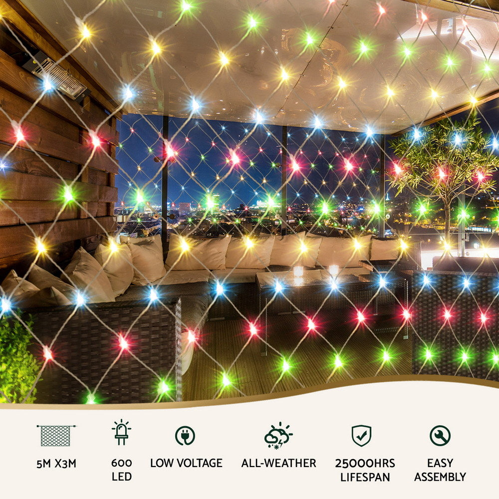 Multicolor LED net string lights draped along outdoor fence and beams