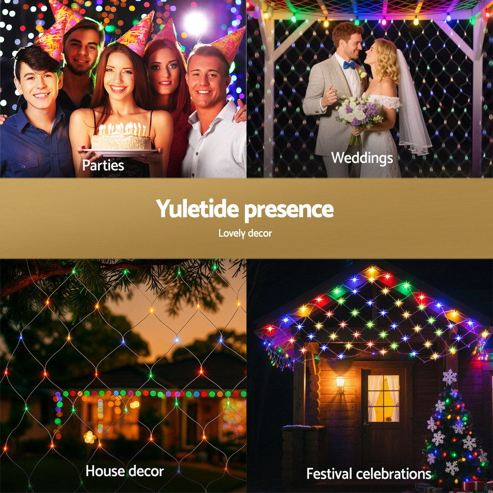 Multicolor LED net string lights backdrop with glowing bulbs for decor