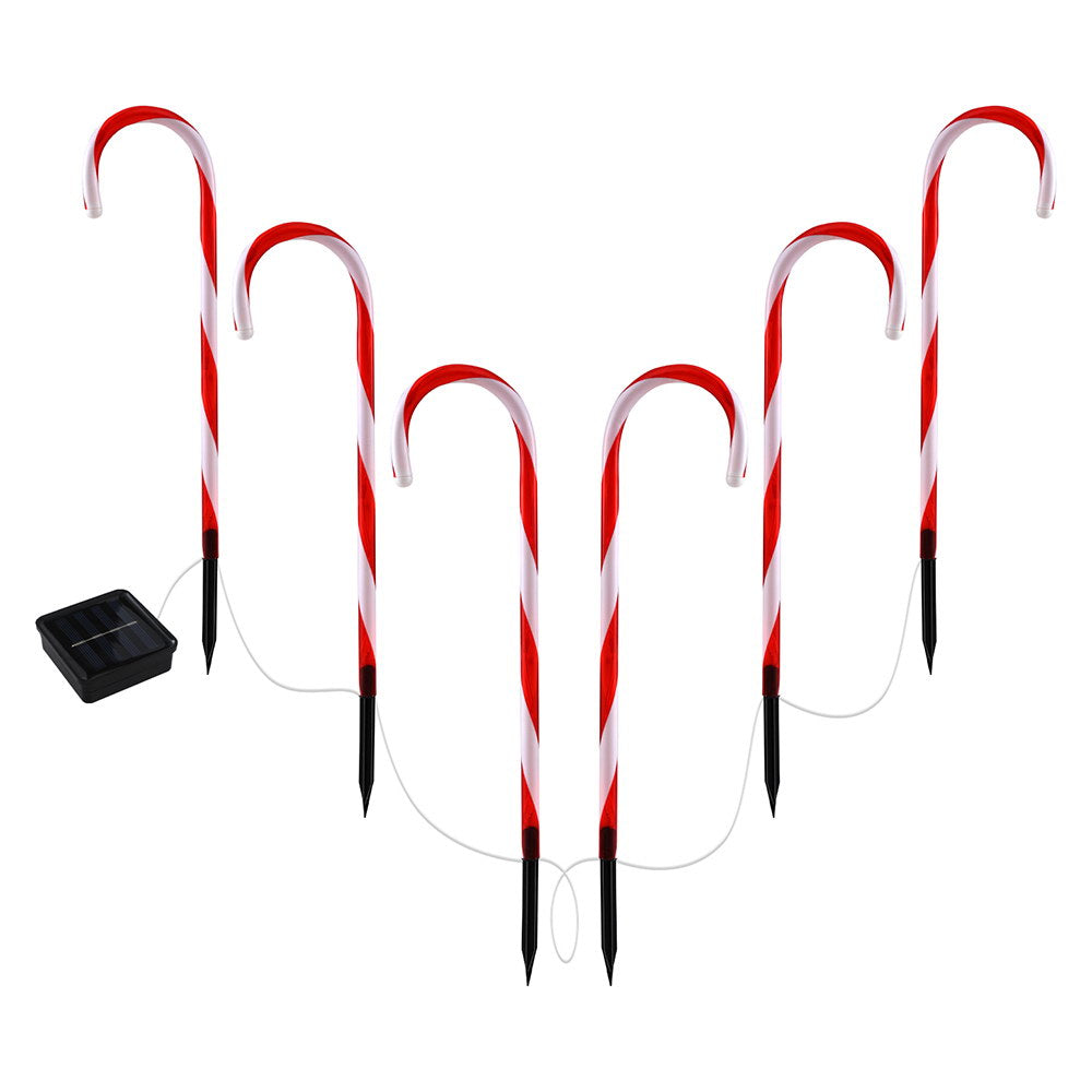 Set of 6 red-and-white striped candy-cane LED ground stakes with solar panel