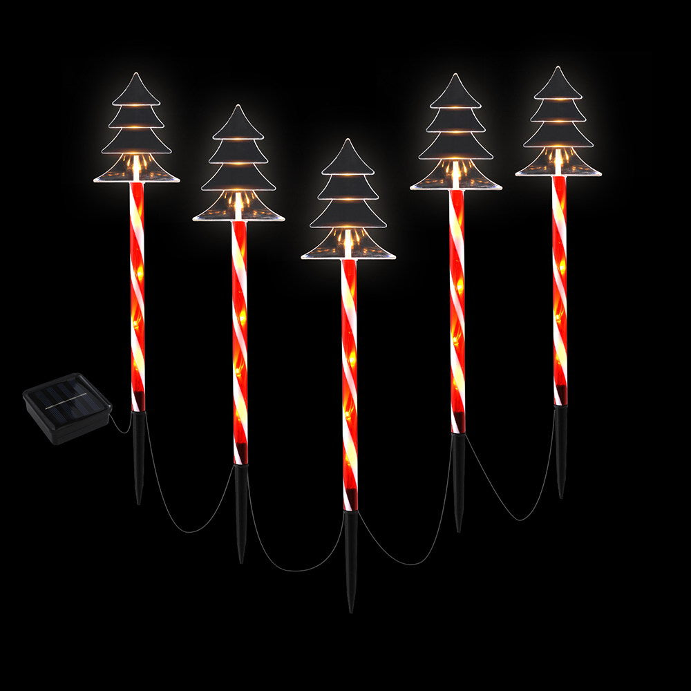 Solar ground Christmas light set with striped red-white stakes and tree-shaped LED caps