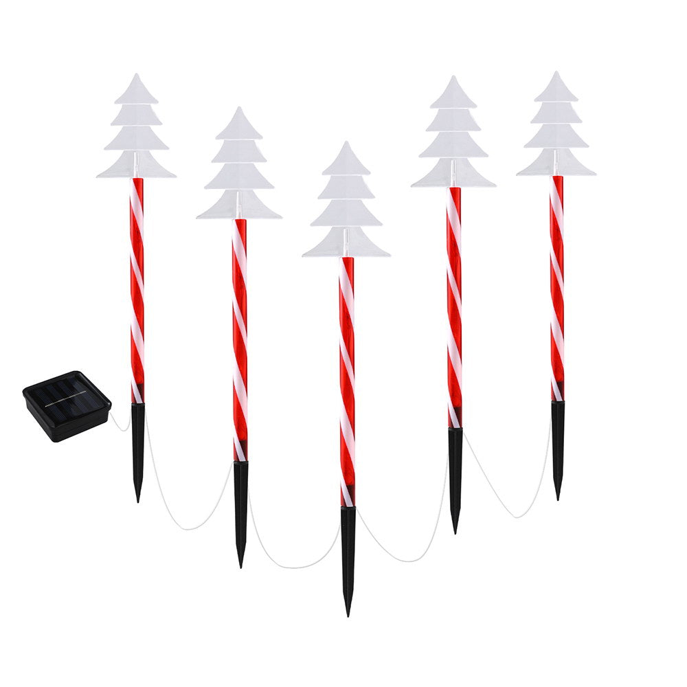 Solar ground Christmas light set of five striped red-white stakes with tree LED caps