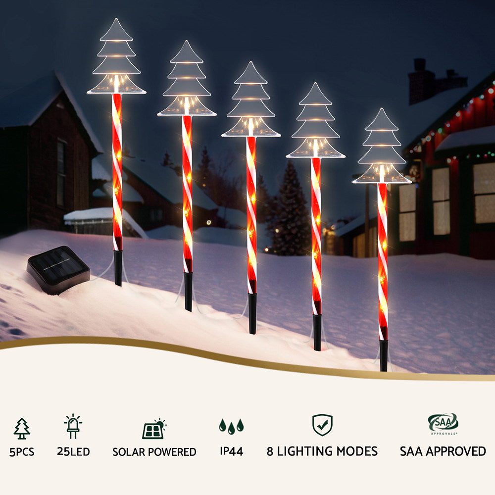 Solar Christmas path lights with glowing tree LED heads on striped red-white stakes