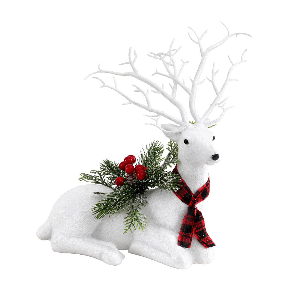 Christmas deer ornament, plush white reindeer lying down with antlers, plaid scarf, pine and red berries.