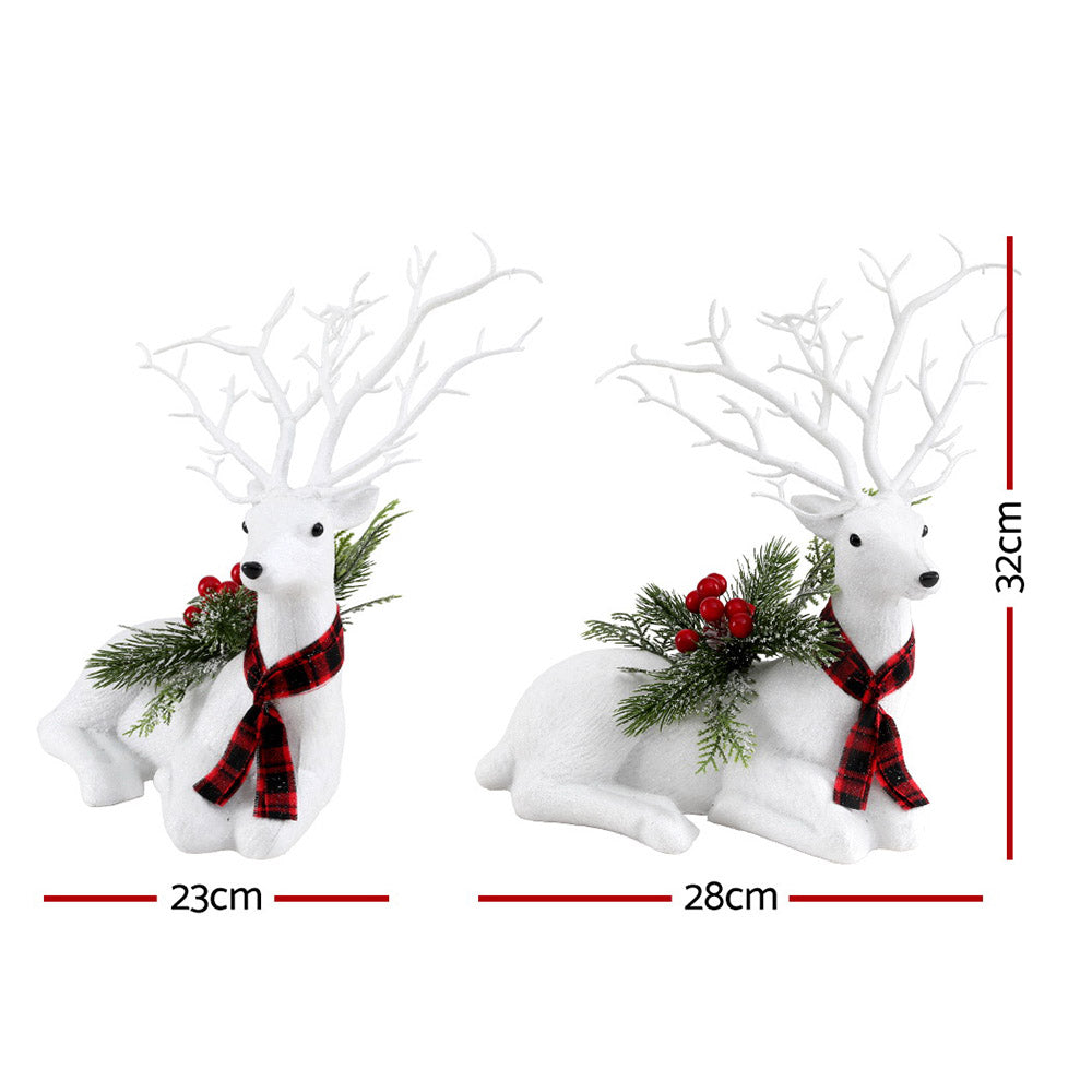 Christmas deer ornament pair, plush white reindeer with antlers, plaid scarf, pine and red berries; size marked.