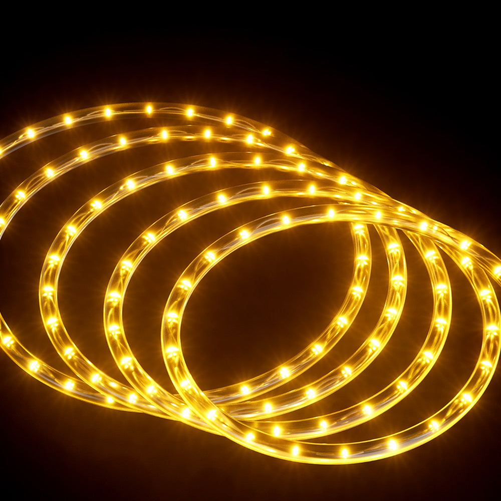 Warm white LED rope light string with continuous glowing curved loops