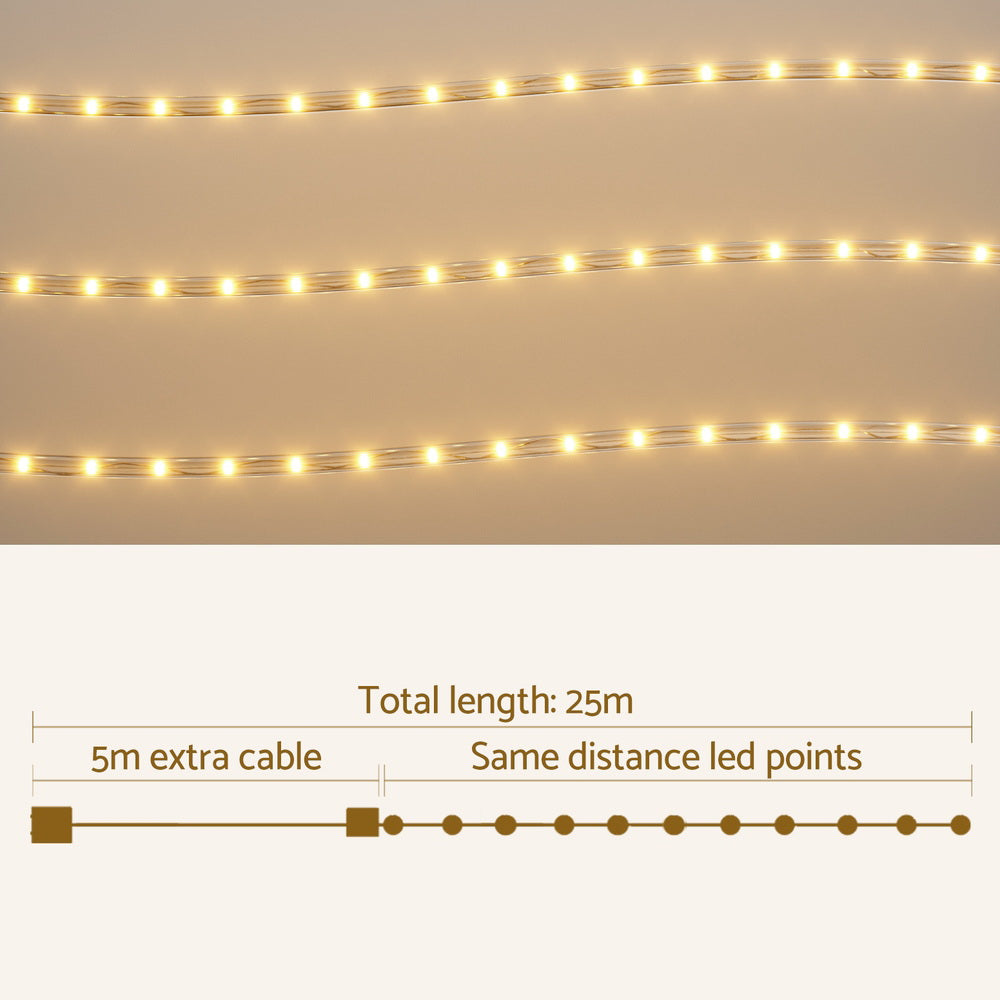 Warm white LED rope light string, total length 25m with extra 5m cable