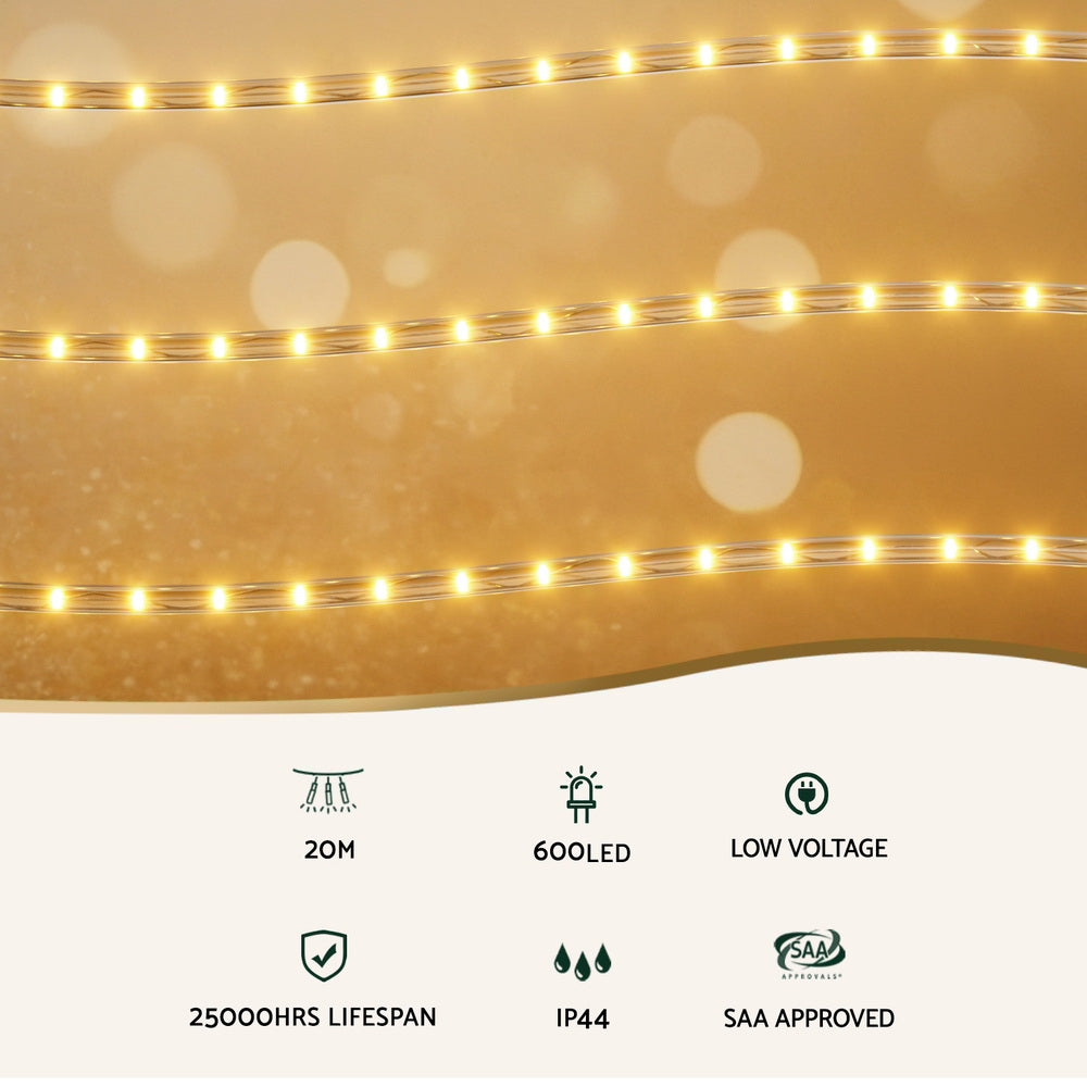 Warm white LED rope light string with 20m length, 25000hr lifespan, IP44 rating