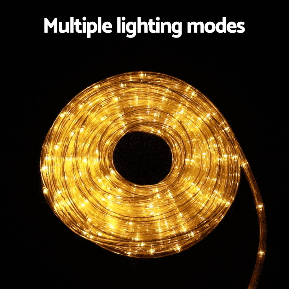 Warm white LED rope light string in a coiled ring with multiple lighting modes