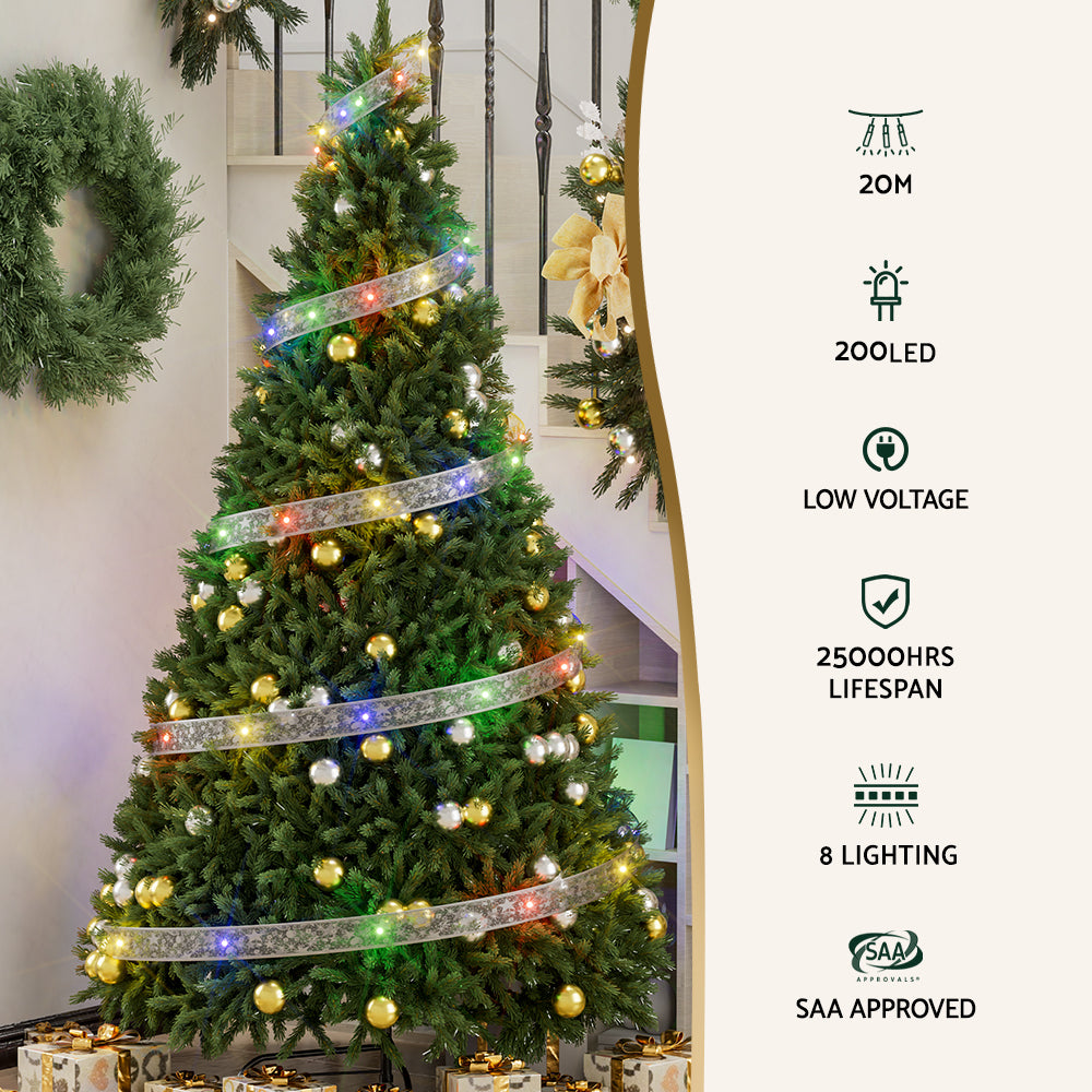 Multicolor LED fairy light ribbon wrapped around a Christmas tree