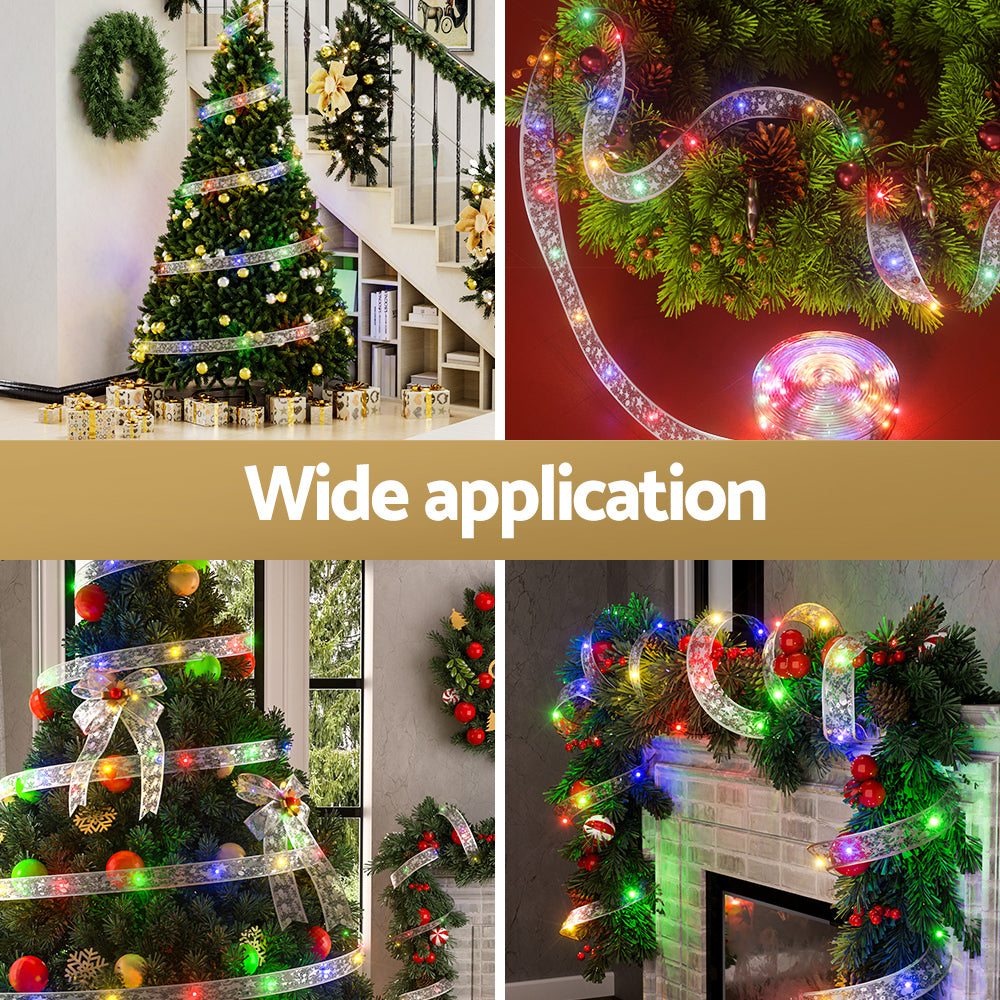 Multicolor LED fairy light ribbon on holiday decor, curved along branches